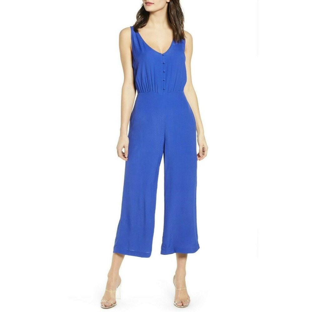 Leith Womens Royal Blue Button Front Jumpsuit